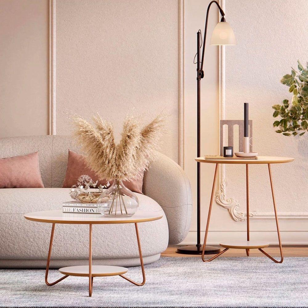 Conjunto Mesa De Apoio E Centro Liz Pés De Ferro Ej Móveis Off White-freijó - 2