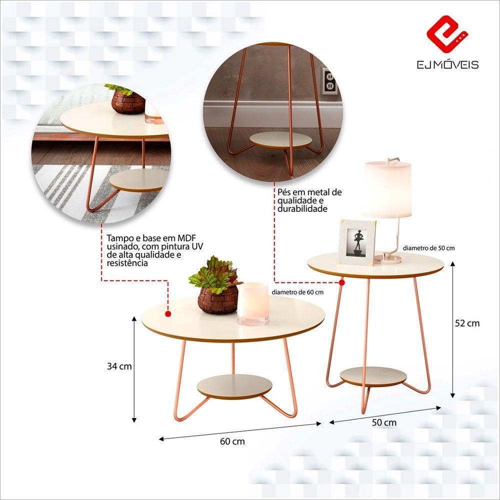 Conjunto Mesa De Apoio E Centro Liz Pés De Ferro Ej Móveis Off White-freijó - 3