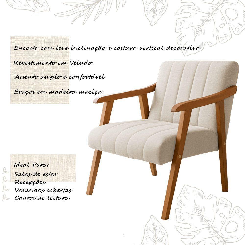 Kit 2 Poltronas Decorativa Com Braço Em Madeira Maciça Livia Veludo Bege - 3
