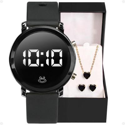 Relogio Digital Feminino Aço + Colar + Caixa + Brincos Presente Redondo Casual Preto Social Silicone