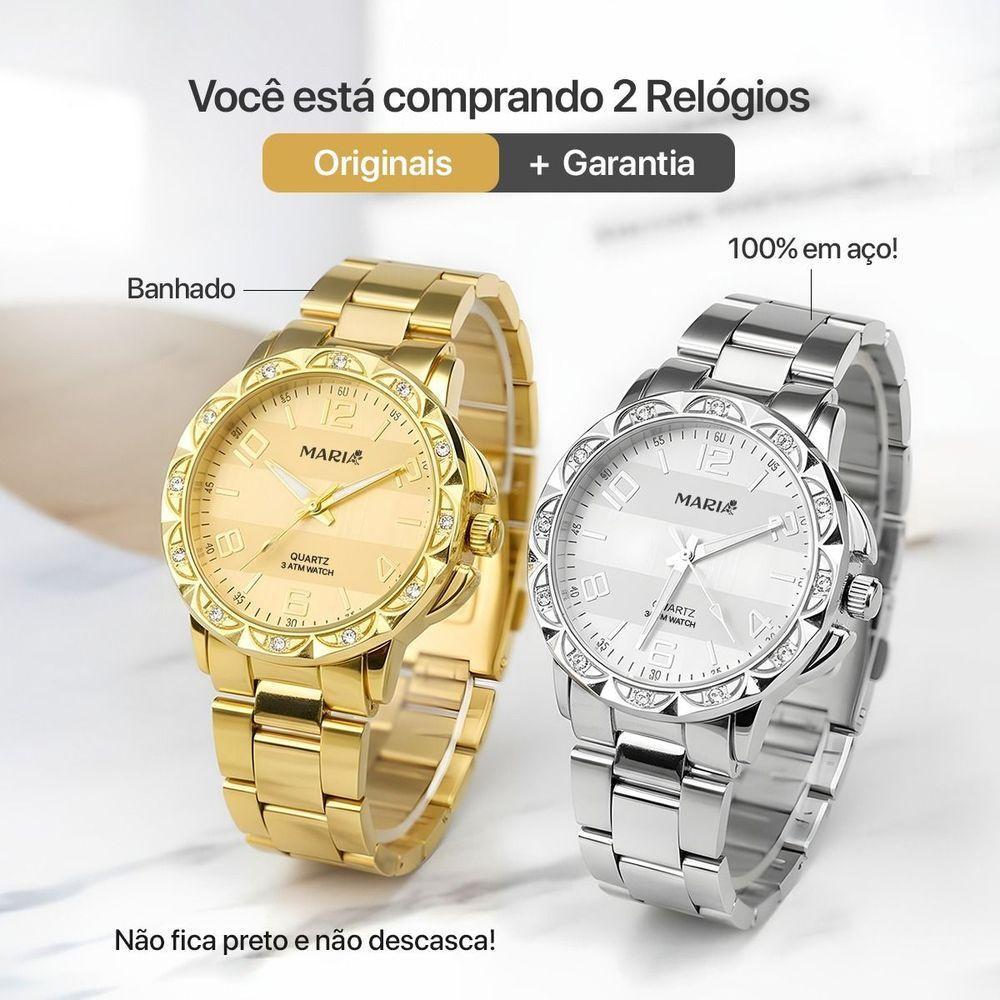 Relogio Feminino Prova Dagua Dourado + Relogio Aço Prata Combo Resistente Social Casual Presente Kit - 2