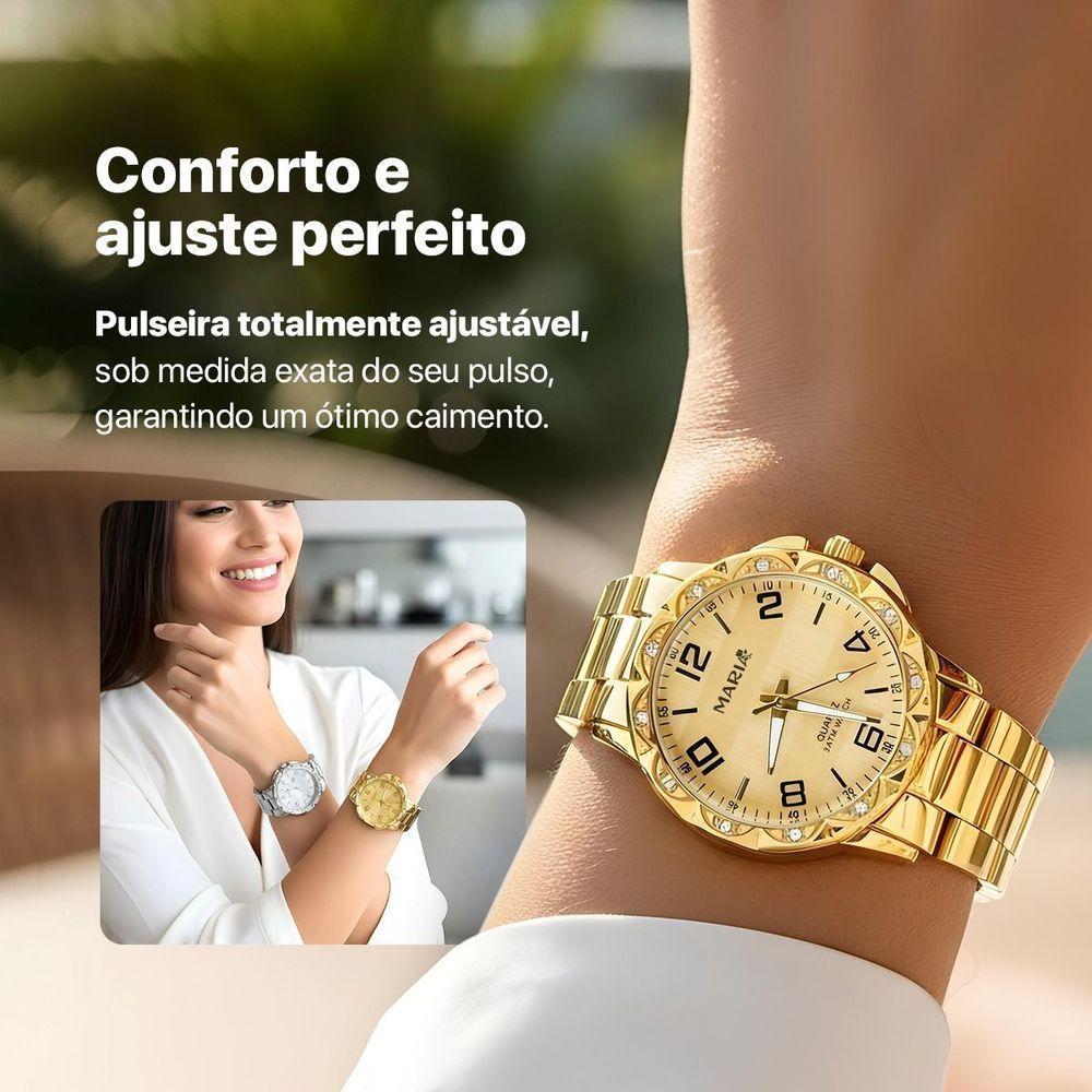 Relogio Feminino Prova Dagua Dourado + Relogio Aço Prata Combo Resistente Social Casual Presente Kit - 3