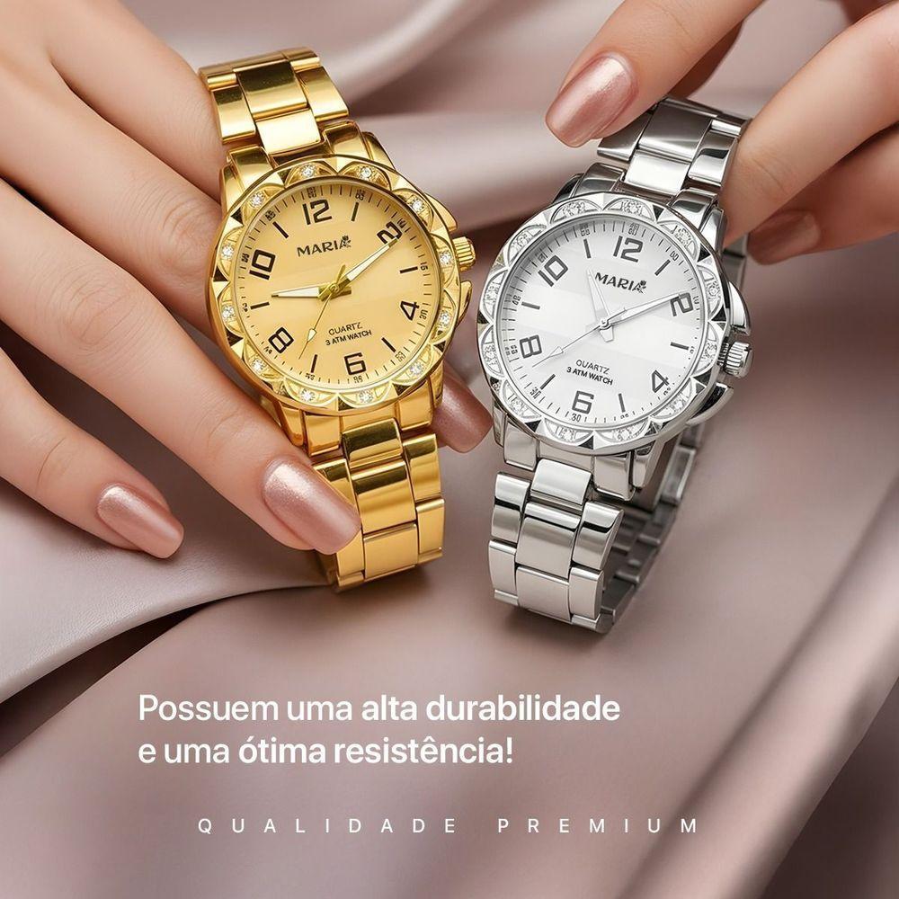 Relogio Feminino Prova Dagua Dourado + Relogio Aço Prata Combo Resistente Social Casual Presente Kit - 5