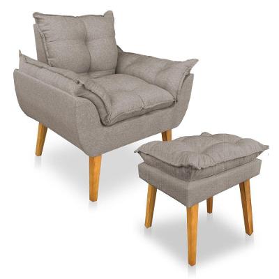 Kit Poltrona Decorativa E Puff Opala Luxo Linho Cappuccino Sky Mobile