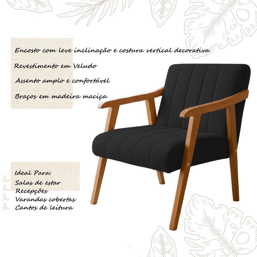 Kit 2 Poltronas Decorativa Com Braço Em Madeira Maciça Livia Veludo Preto - 3