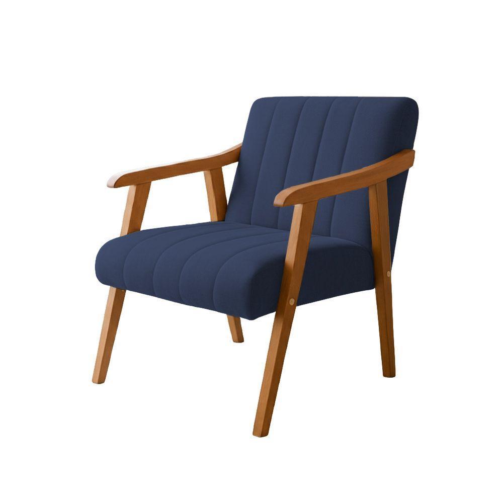 Poltrona Decorativa Com Braço Em Madeira Maciça Livia Veludo Azul - 2