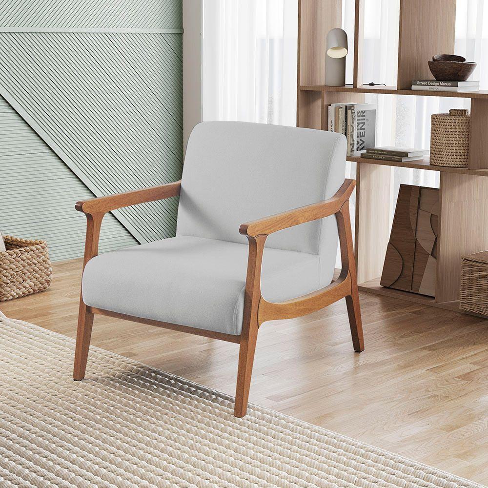 Poltrona Hortência Em Linho Com Base De Madeira Cor Cinza Claro 2371 - 2