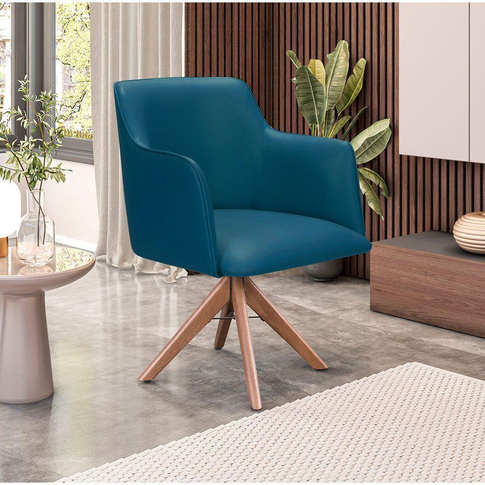Poltrona Camélia Base Giratória De Madeira Veludo Cor Azul 2133 - 1