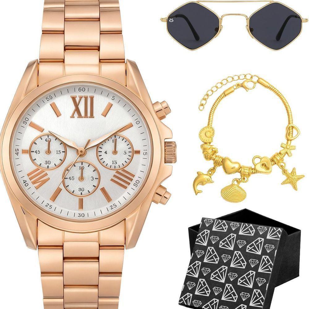 Relogio Aco Banhado Feminino Rose + Pulseira Oculos Inoxidavel Moda Qualidade Premium Losango Preto - 1