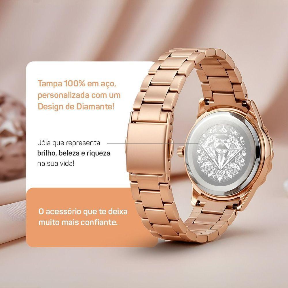 Relogio Aco Banhado Feminino Rose + Pulseira Oculos Inoxidavel Moda Qualidade Premium Losango Preto - 4