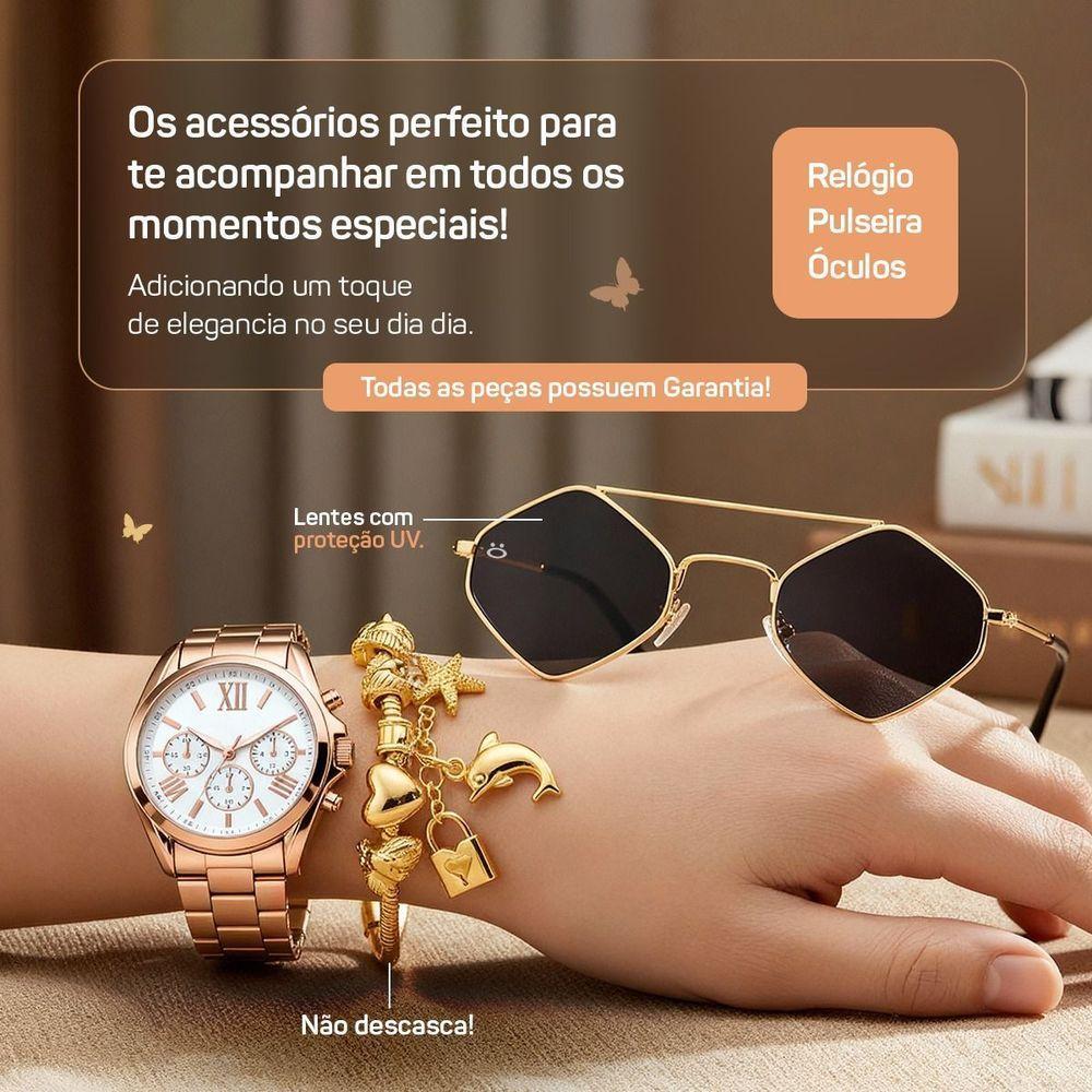 Relogio Aco Banhado Feminino Rose + Pulseira Oculos Inoxidavel Moda Qualidade Premium Losango Preto - 5