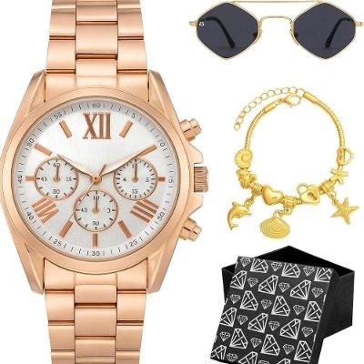 Relogio Aco Banhado Feminino Rose + Pulseira Oculos Inoxidavel Moda Qualidade Premium Losango Preto