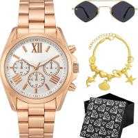 Relogio Aco Banhado Feminino Rose + Pulseira Oculos Inoxidavel Moda Qualidade Premium Losango Preto - 1