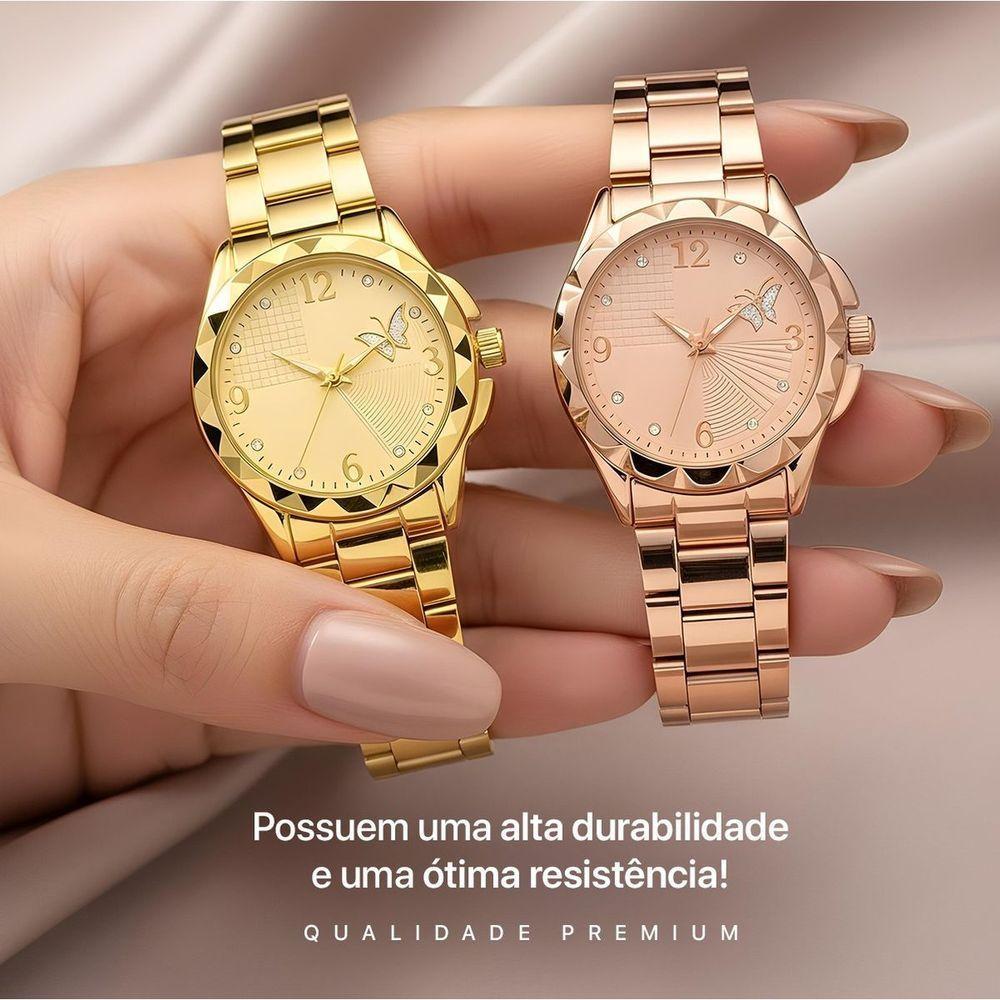 Relogio Dourado Prova Dagua Feminino Original Kit Banhado Qualidade Premium Combo Resistente Casual - 6