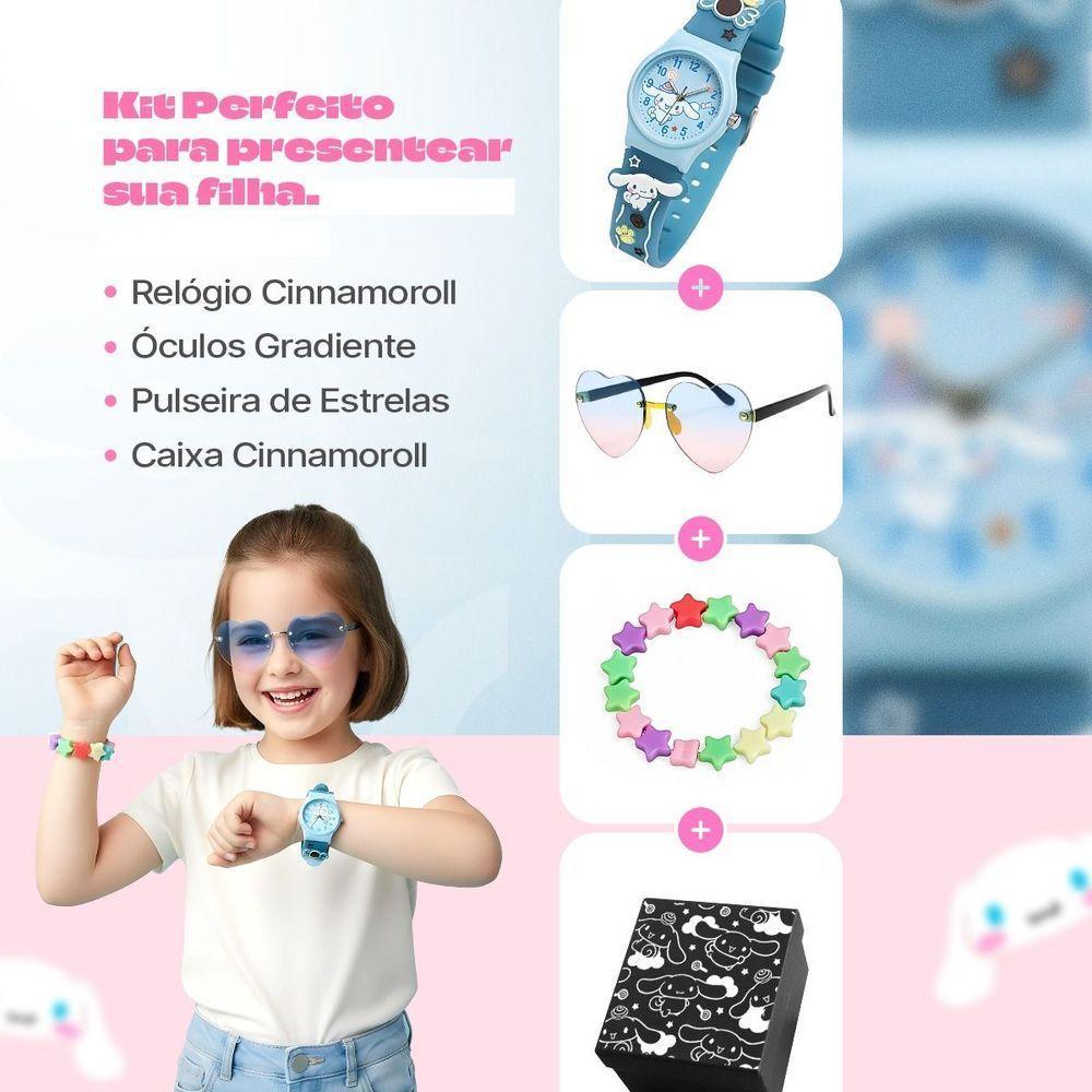 Relogio Azul Infantil Silicone + Pulseira Oculos + Caixa Presente Pulseira Ajustavel Menina Crianca - 2