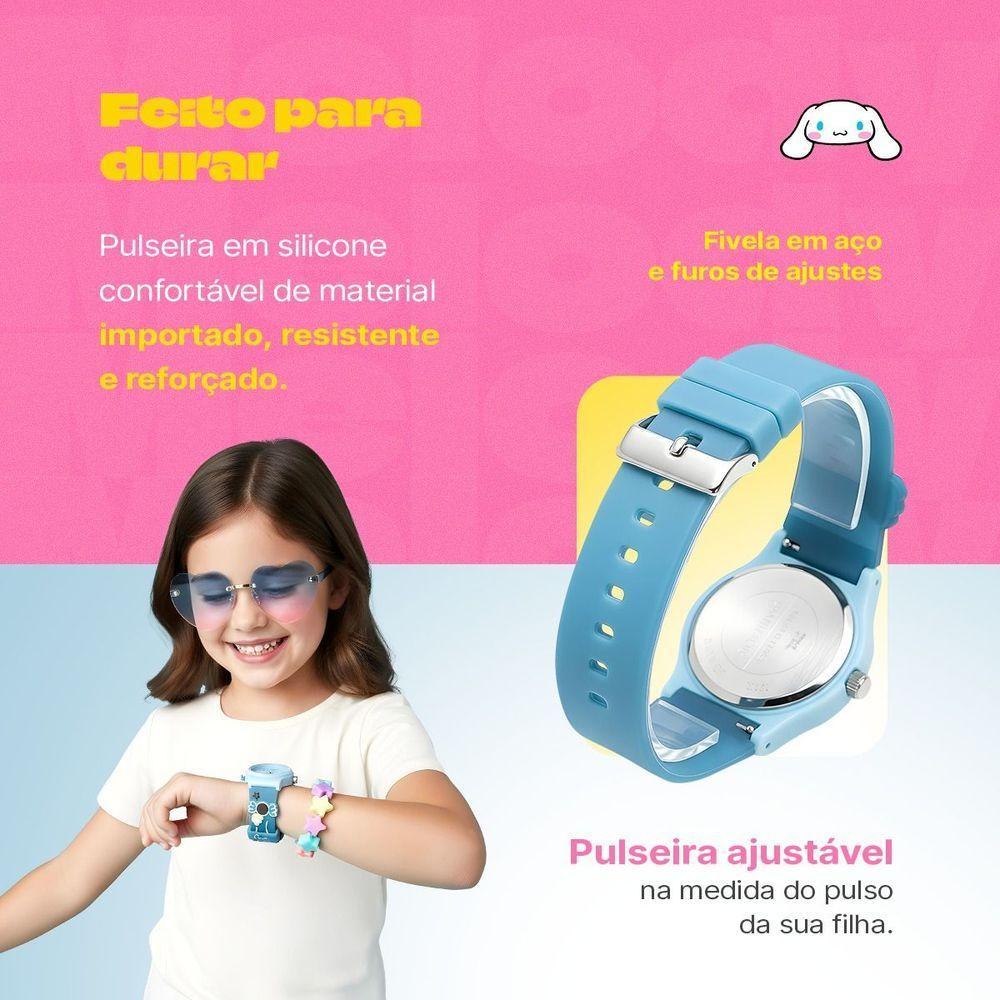 Relogio Azul Infantil Silicone + Pulseira Oculos + Caixa Presente Pulseira Ajustavel Menina Crianca - 5