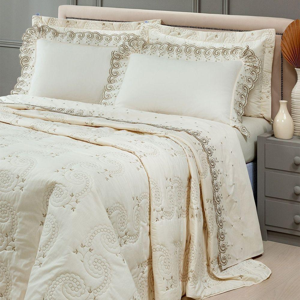 Cobre Leito + Jogo De Cama 7 Peças Queen Percal 200 Fios Mistral 100% Algodão - Palha - 3