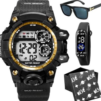 Relogio Prova Dagua Digital + Oculos Sol Protecao Uv Data Dourado Esportivo Ajustavel Menino Criança