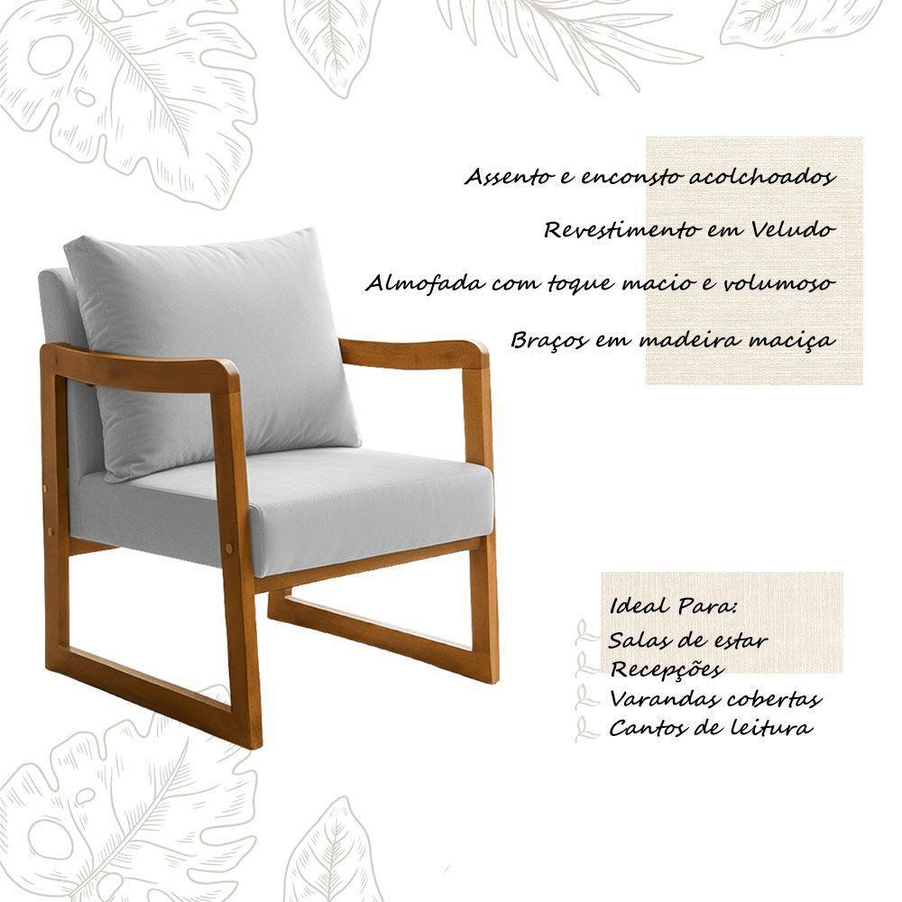Poltrona Decorativa Com Braço Em Madeira Maciça Alice Veludo Cinza - 3