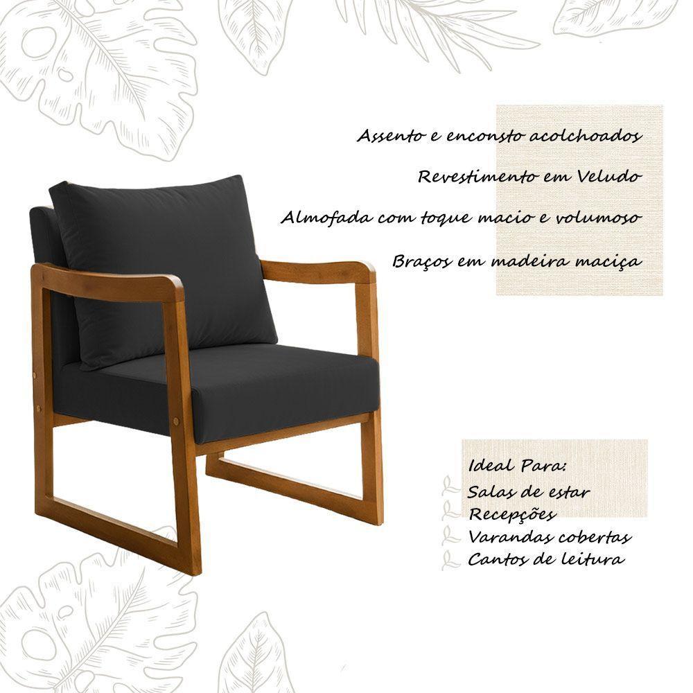 Poltrona Decorativa Com Braço Em Madeira Maciça Alice Veludo Preto - 3