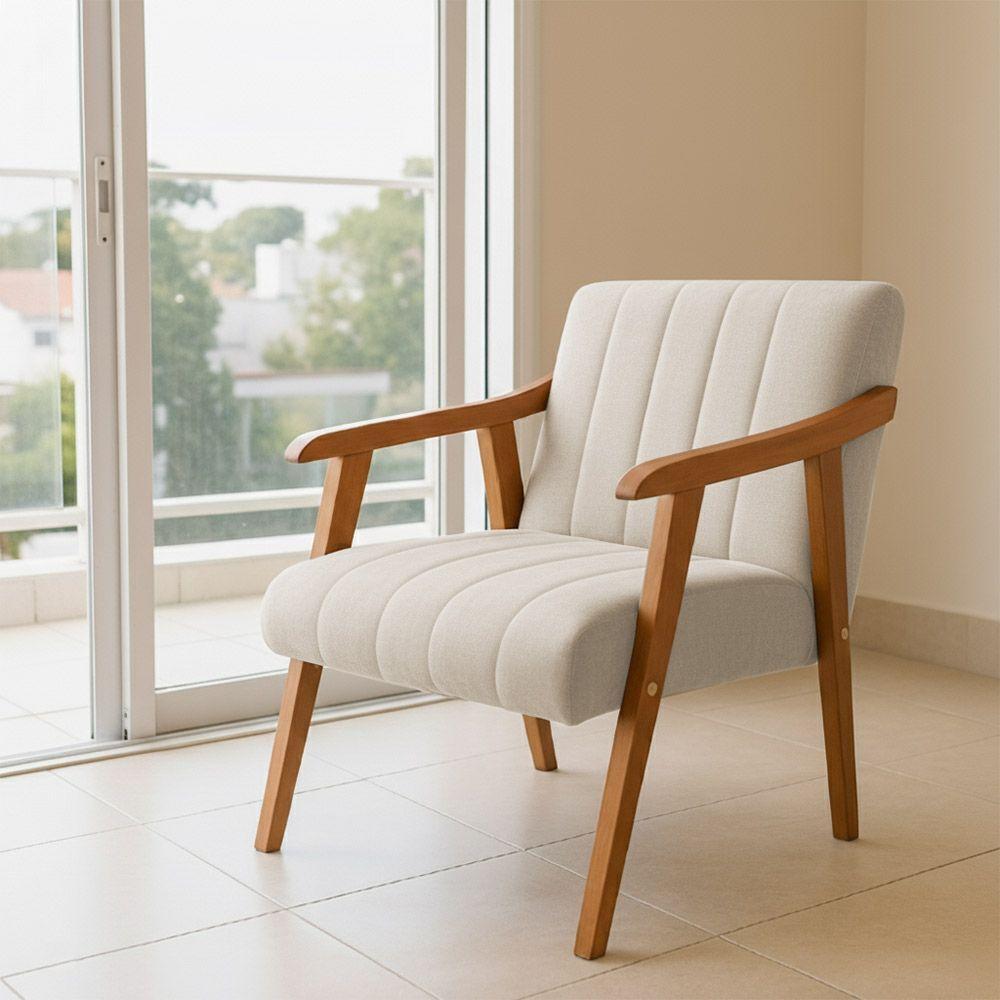 Poltrona Decorativa Com Braço Em Madeira Maciça Livia Veludo Bege - 1