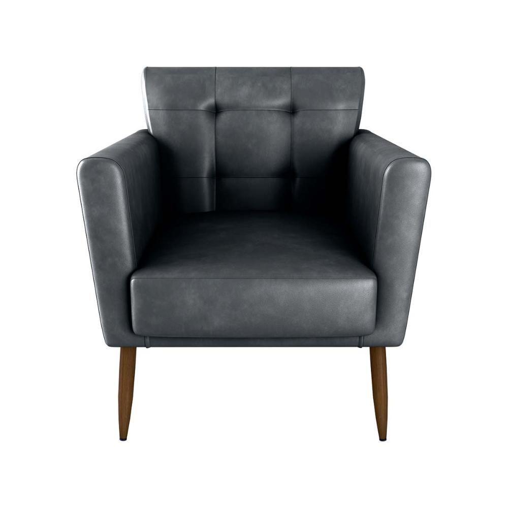 Poltrona Decorativa Confortável Pés Em Madeira Maciça Cancun Sintetico Preto Matrix Sintetico Rustico Preto - 2