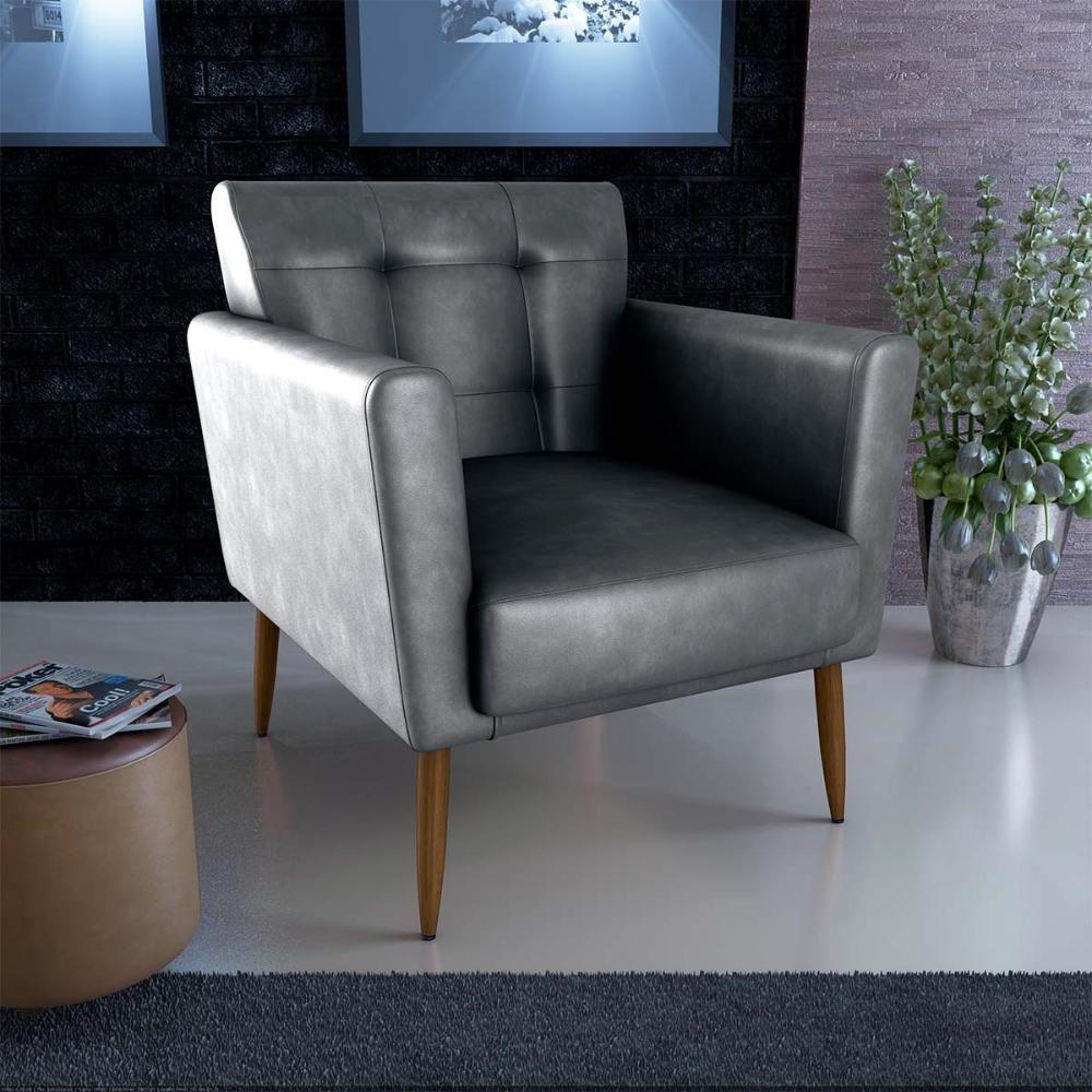 Poltrona Decorativa Confortável Pés Em Madeira Maciça Cancun Sintetico Preto Matrix Sintetico Rustico Preto - 4