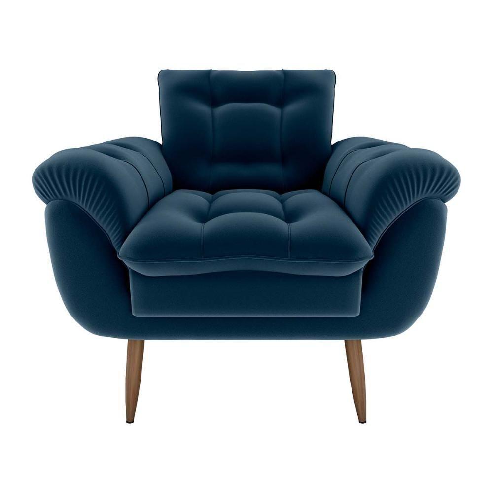 Poltrona Decorativa Confortável Pés Em Madeira Maciça Xangai Veludo Azul Matrix Veludo Azul - 2