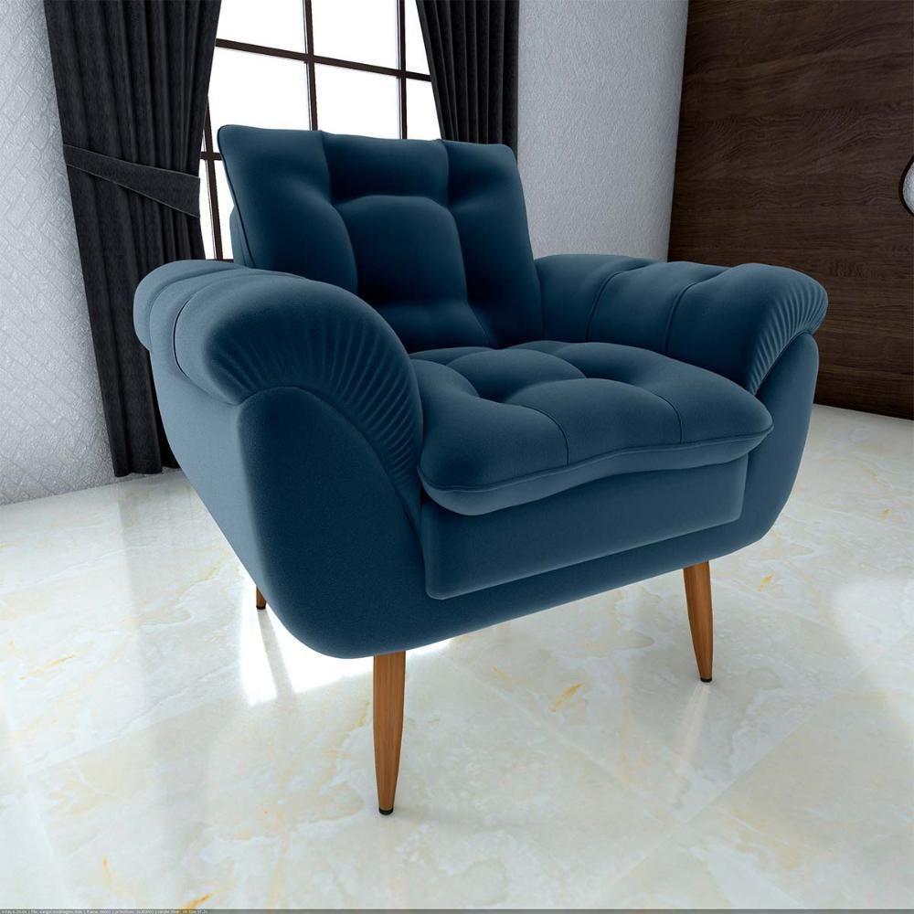 Poltrona Decorativa Confortável Pés Em Madeira Maciça Xangai Veludo Azul Matrix Veludo Azul - 3