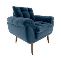 Poltrona Decorativa Confortável Pés Em Madeira Maciça Xangai Veludo Azul Matrix Veludo Azul - 1