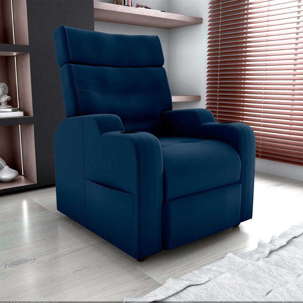 Poltrona Reclinável Do Papaicom Porta Copos Porta Controle Toro Azul Matrix Veludo Azul - 6