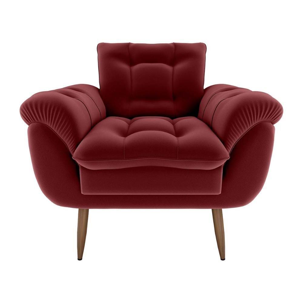 Poltrona Decorativa Confortável Pés Em Madeira Maciça Xangai Veludo Vinho Matrix Veludo Vermelho - 2