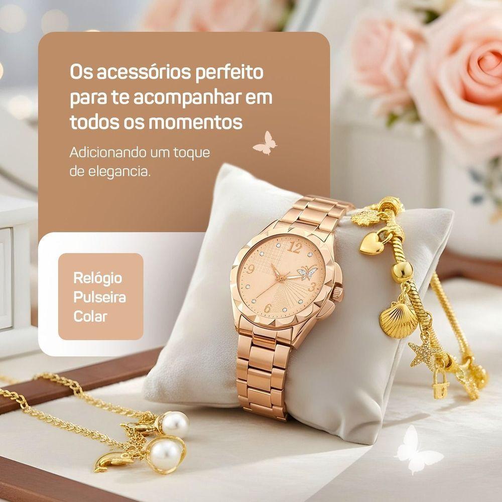 Relogio Banhado Feminino Aco Rose + Colar Pulseira + Caixa Casual Pingente Qualidade Premium Moda - 2