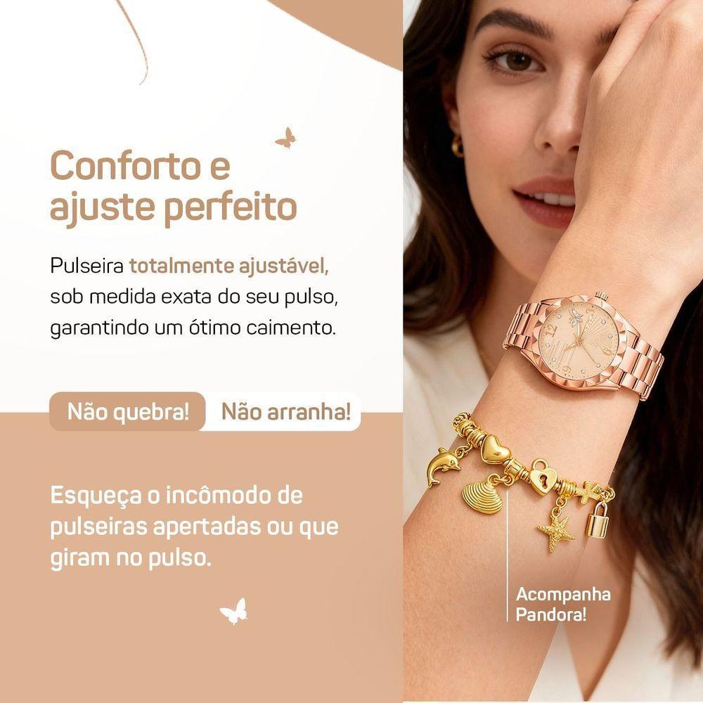 Relogio Banhado Feminino Aco Rose + Colar Pulseira + Caixa Casual Pingente Qualidade Premium Moda - 3