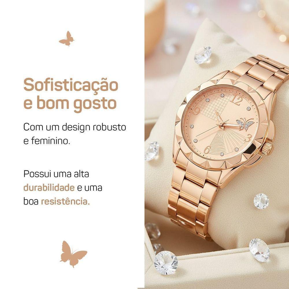 Relogio Banhado Feminino Aco Rose + Colar Pulseira + Caixa Casual Pingente Qualidade Premium Moda - 5