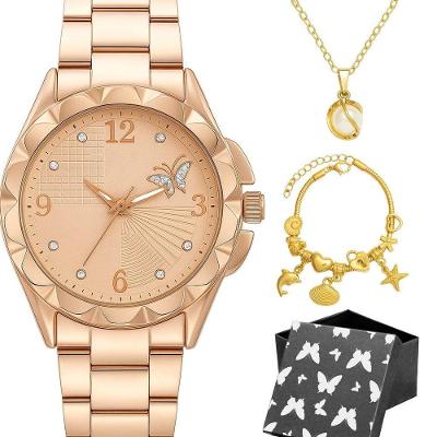 Relogio Banhado Feminino Aco Rose + Colar Pulseira + Caixa Casual Pingente Qualidade Premium Moda
