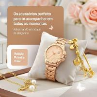 Relogio Banhado Feminino Aco Rose + Colar Pulseira + Caixa Casual Pingente Qualidade Premium Moda - 2