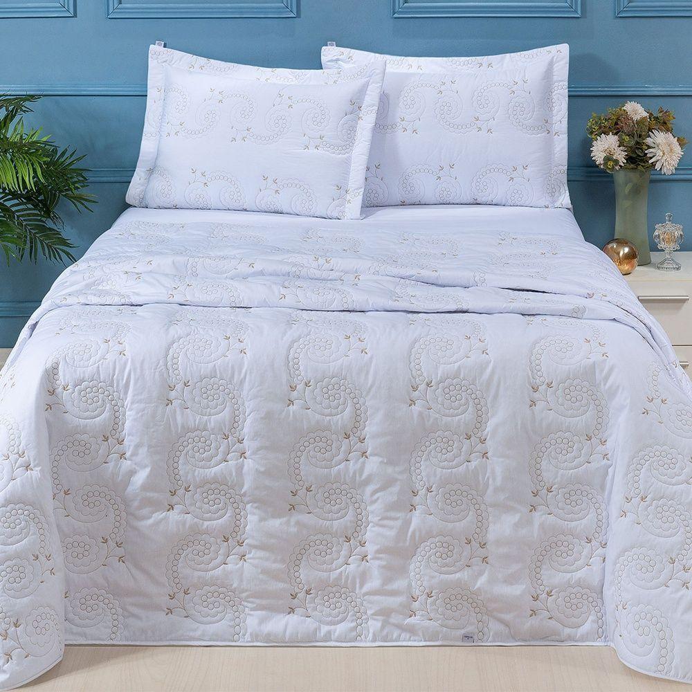 Cobre Leito + Jogo De Cama 7 Peças King Percal 200 Fios Mistral 100% Algodão - Branco - 7