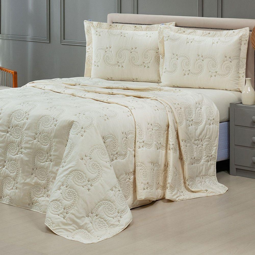 Cobre Leito + Jogo De Cama 7 Peças King Percal 200 Fios Mistral 100% Algodão - Palha - 9