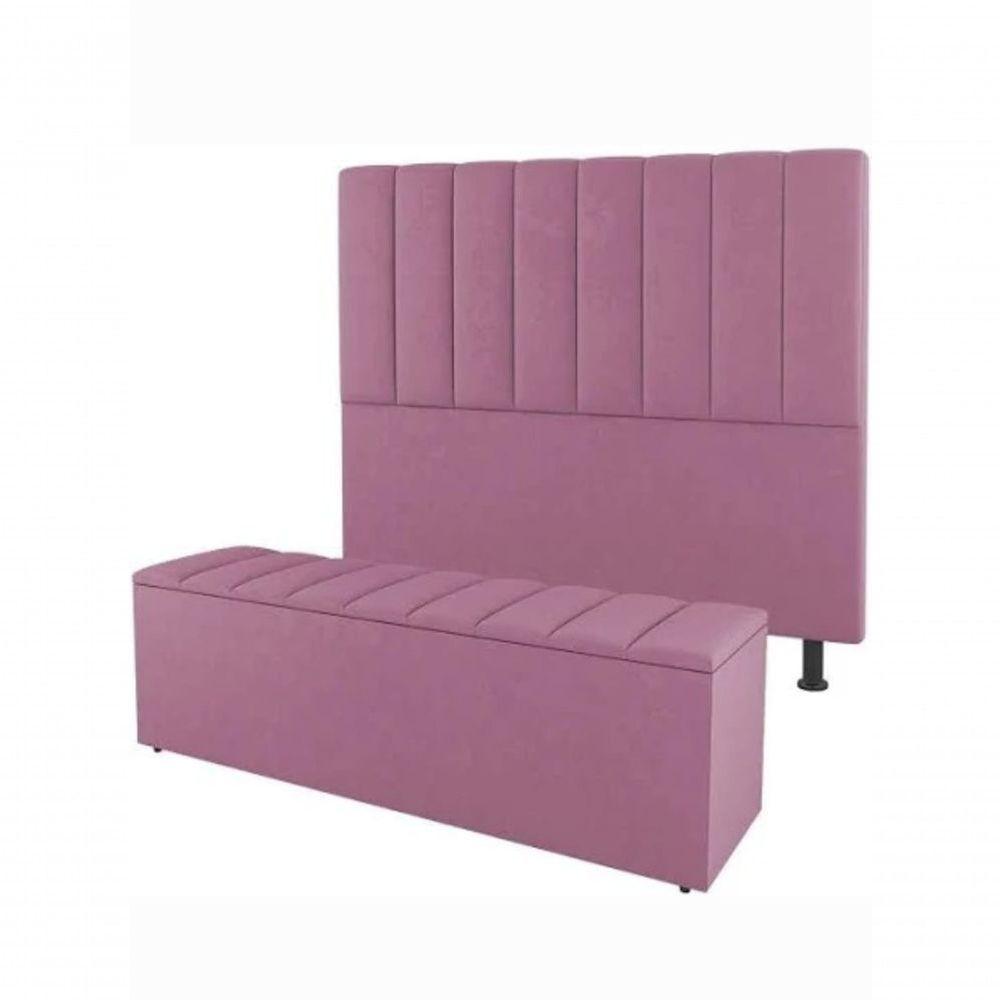 Kit De Quarto Roma Cabeceira De Cama Box E Calçadeira Baú Queen 160 Cm Suede Rosa Do Lar Móveis E Decoração - 1