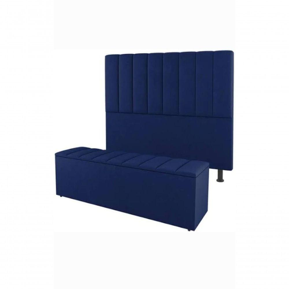 Kit De Quarto Roma Cabeceira De Cama Box E Calçadeira Baú Casal 140 Cm Suede Azul Marinho Do Lar Móveis E Decoração - 1