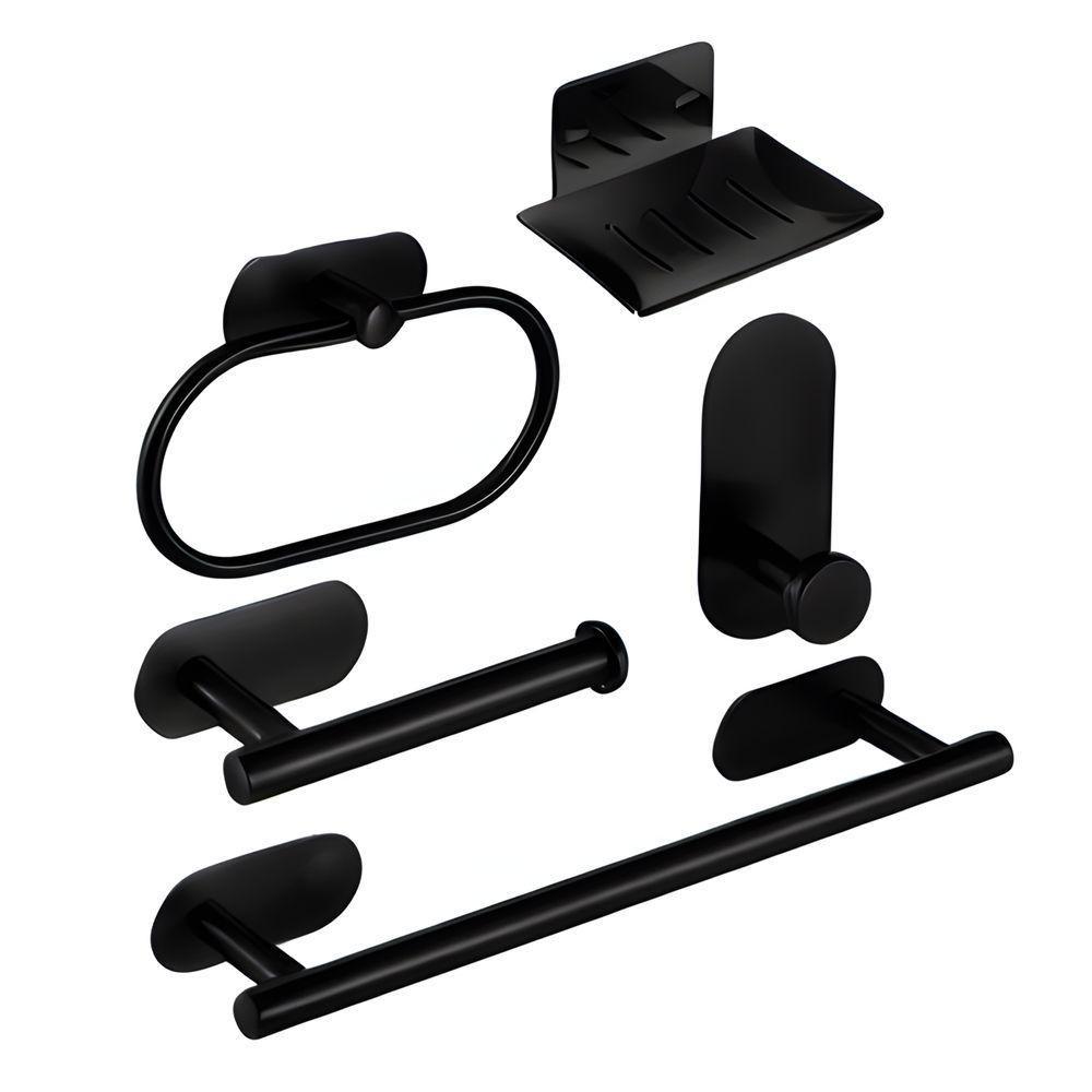 Kit Acessorios Banheiro Aço Inox Autoadesivo 5 Peças Preto - 1