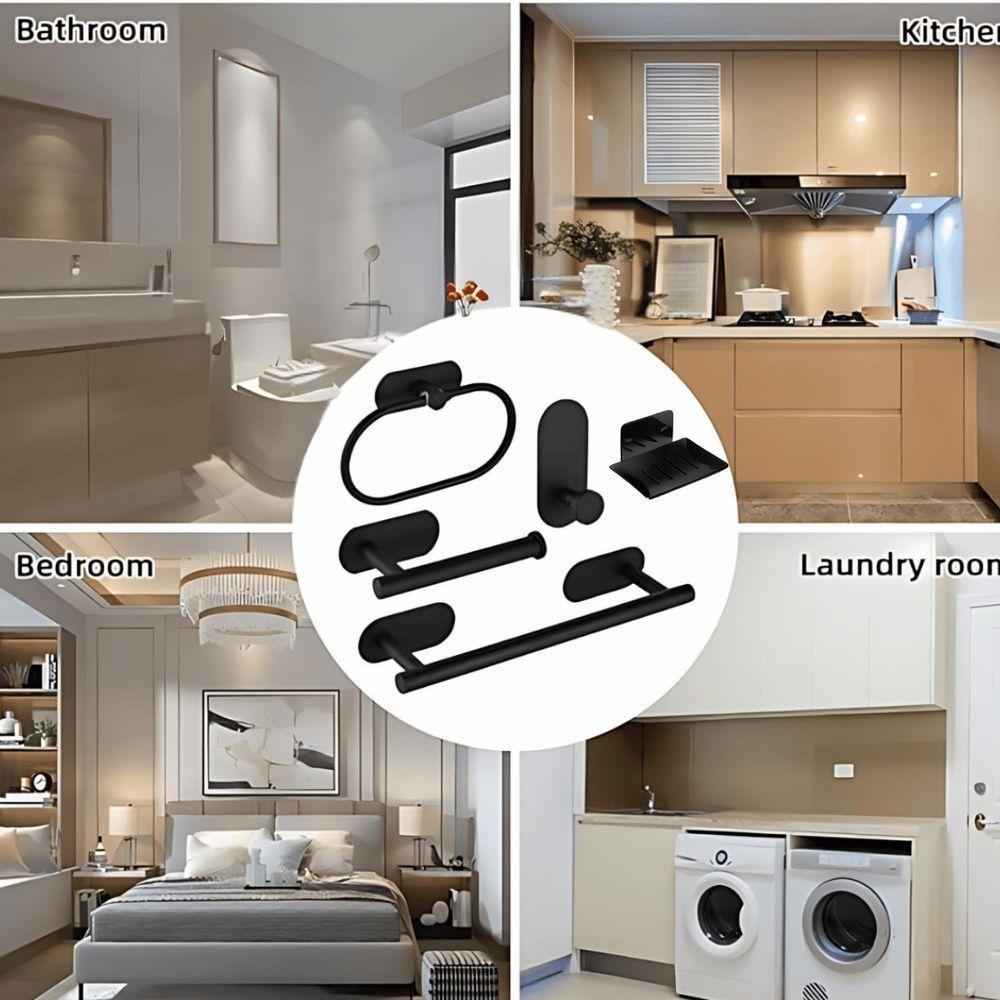 Kit Acessorios Banheiro Aço Inox Autoadesivo 5 Peças Preto - 4