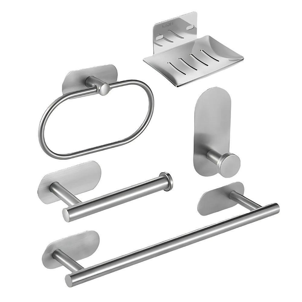 Kit Acessorios Banheiro Aço Inox Autoadesivo 5 Peças Prata - 1