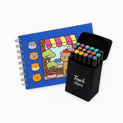 Kit De Canetinhas Com 36 Cores Ponta Dupla + Caderno De Colorir 48 Desenhos