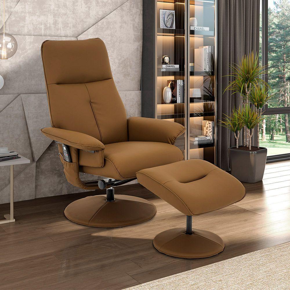 Poltrona Reclinável Elétrica De Massagem Com Apoio De Pés E Giratória Nebraska Pu Caramelo G56 - Rivatti - 2