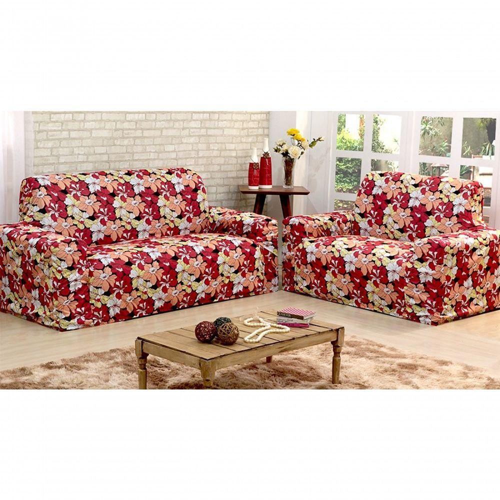 Kit Protetor De Sofá Floral 2 E 3 Lugares Malha Gel Estampado Variação: Vermelho - 1