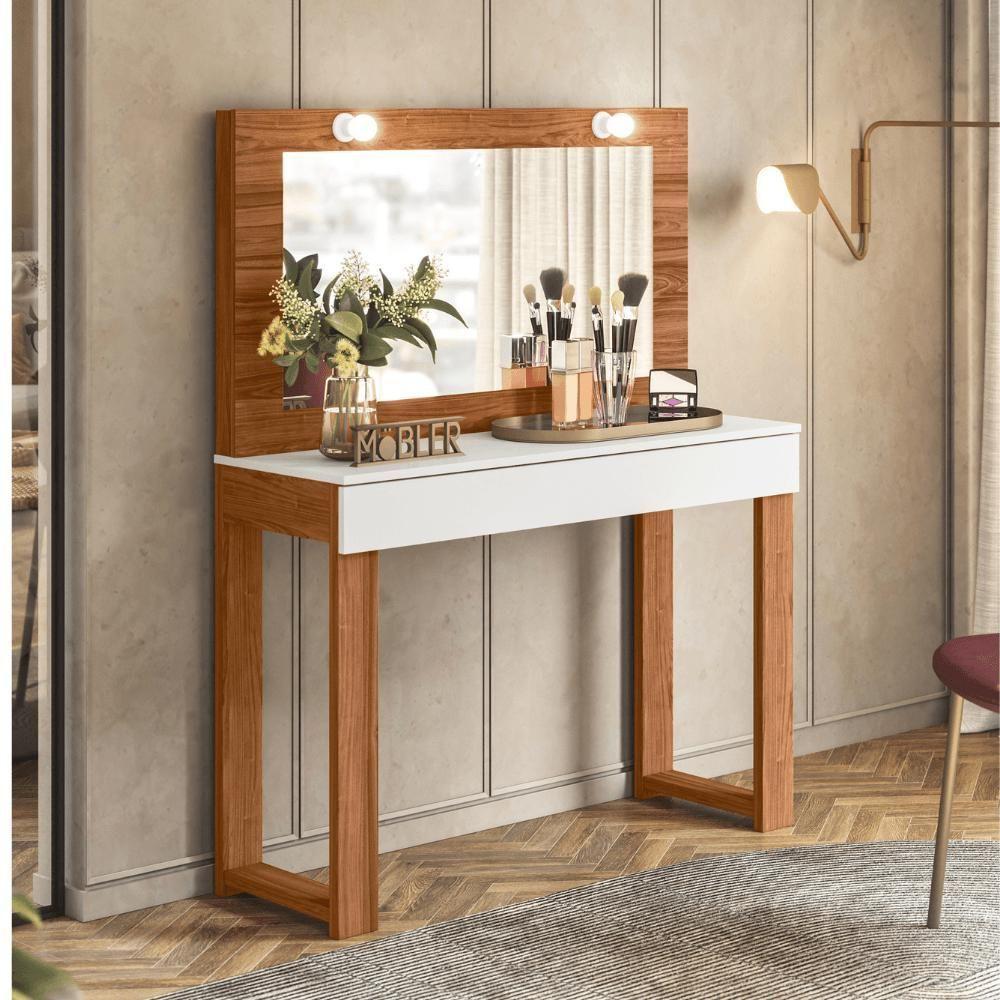 Penteadeira Camarim Gala Com Espelho 1 Gaveta Cinamomo E Branco - 2