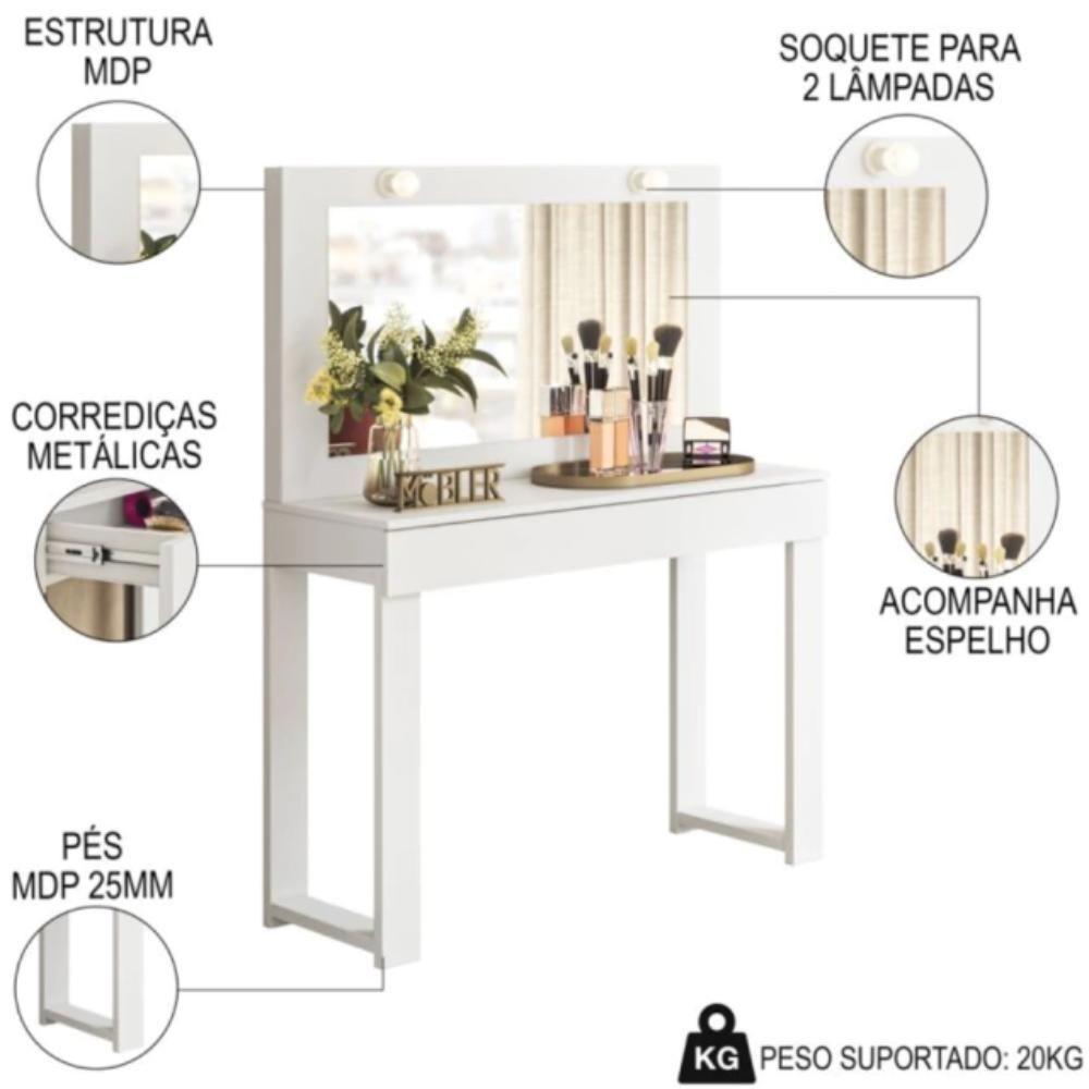 Penteadeira Camarim Gala Com Espelho 1 Gaveta Cinamomo E Branco - 6