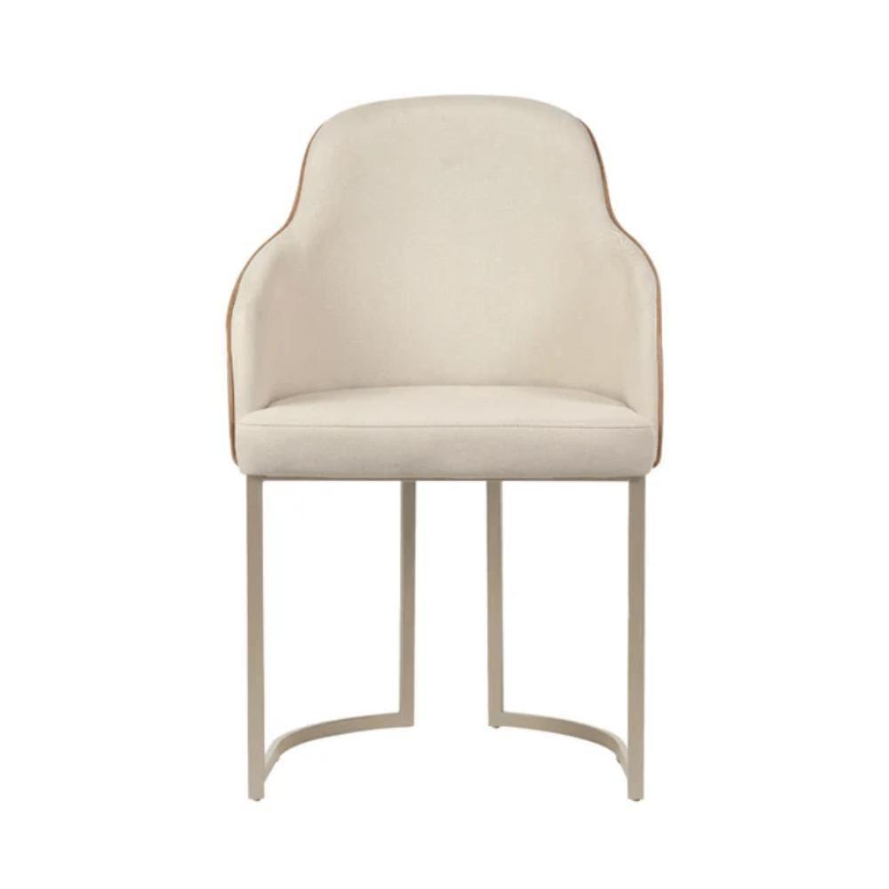 Cadeira Estofada Albany Pés Em Aço De Carbono Champanhe Assento Em Linho Off White E Pu Caramelo - 2